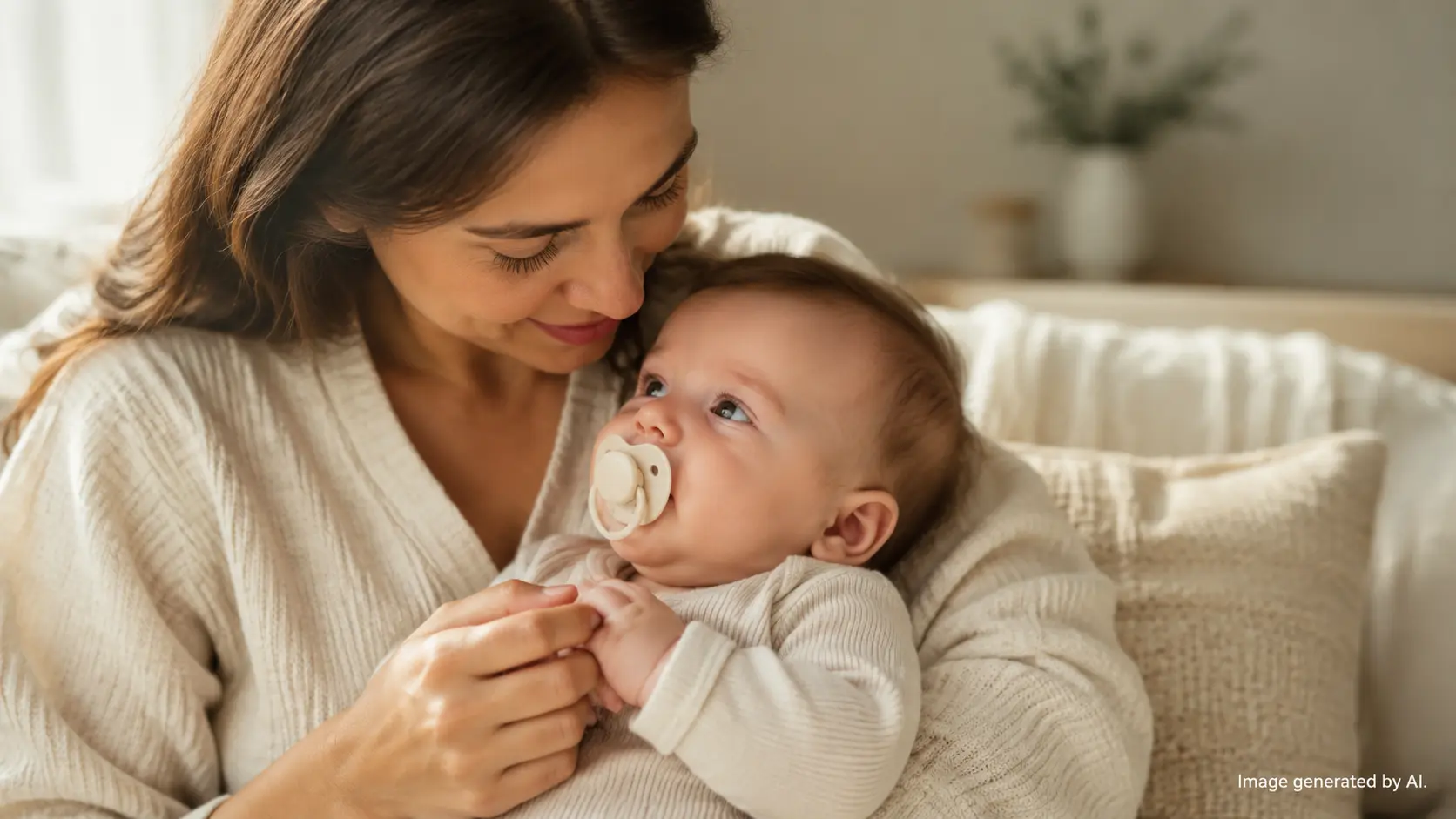 Mama czule trzyma spokojne niemowlę ze smoczkiem podczas wspólnej chwili bliskości