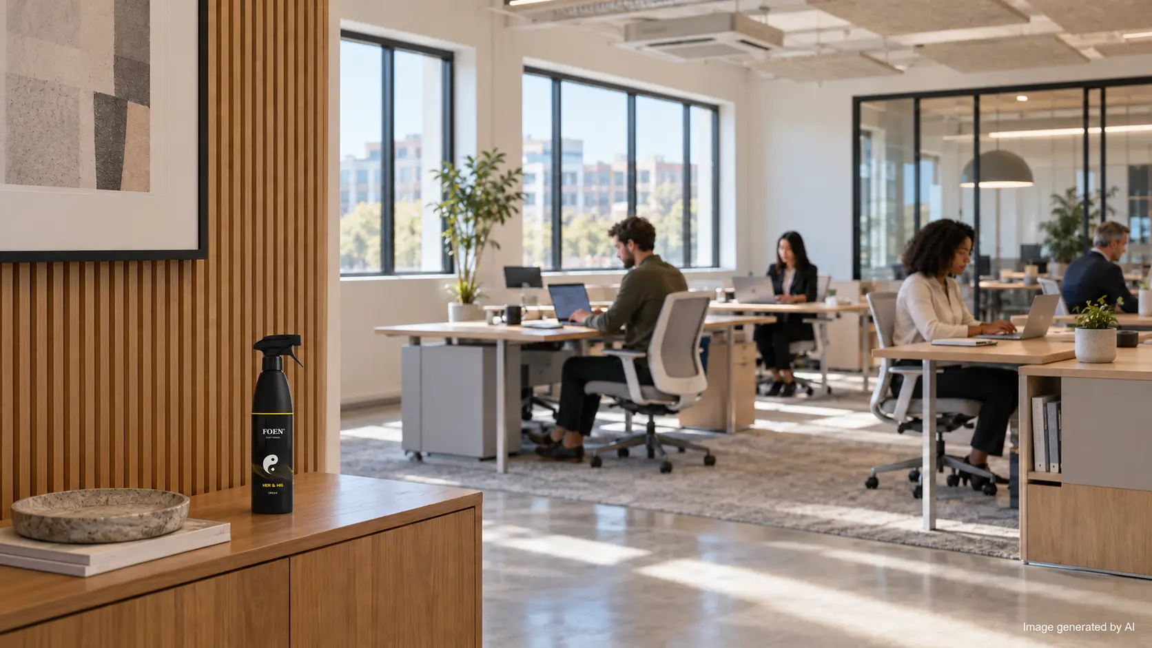 interior parfume spray placed near the entrance to a bright open-plan office