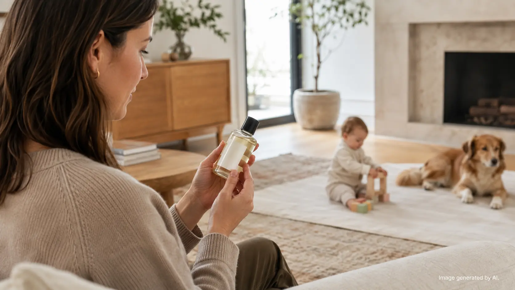 Parent checking a home fragrance bottle while a baby plays safely with a dog in the background