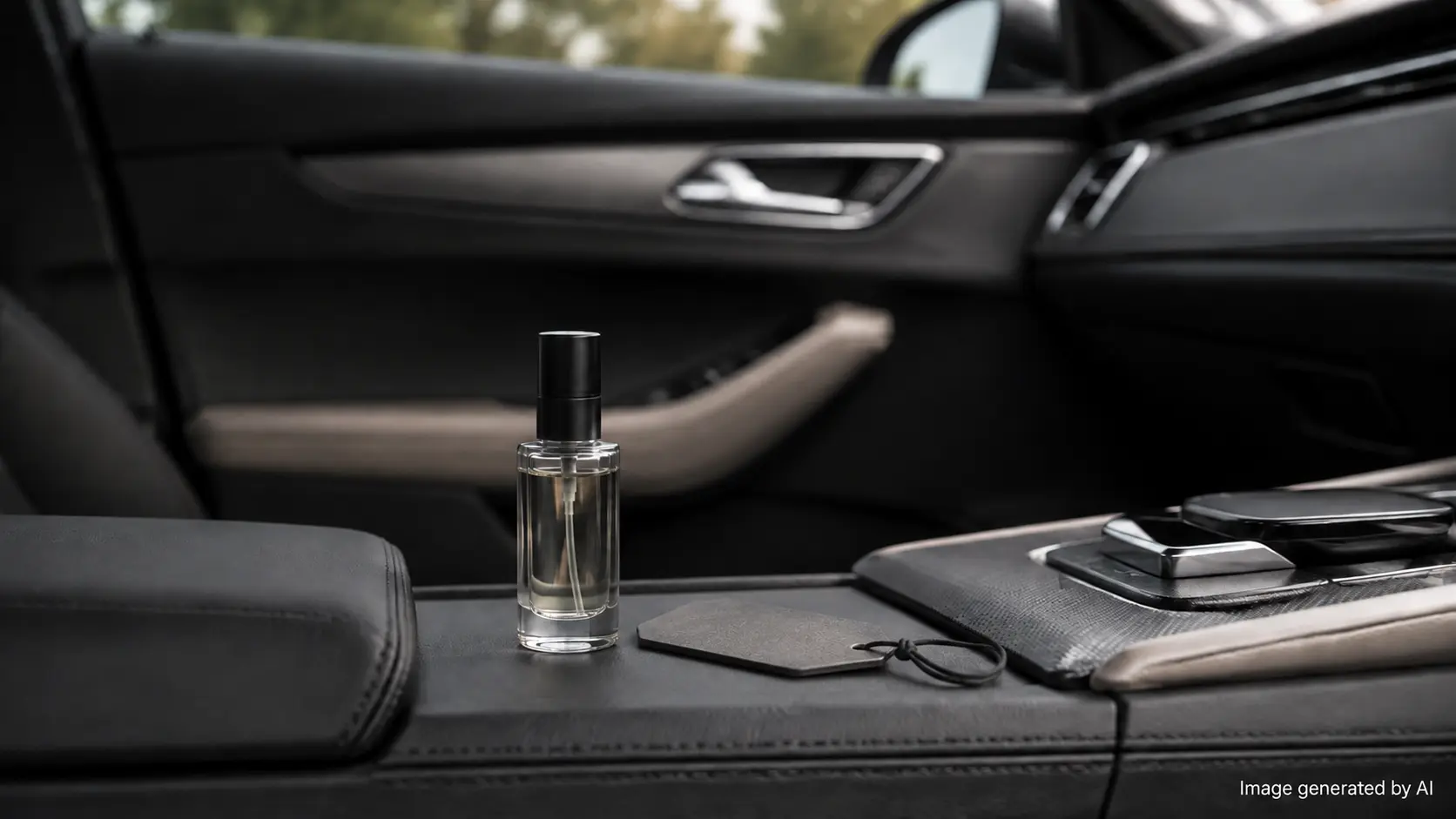 Perfumy samochodowe premium i tradycyjna zawieszka zapachowa na konsoli nowoczesnego samochodu