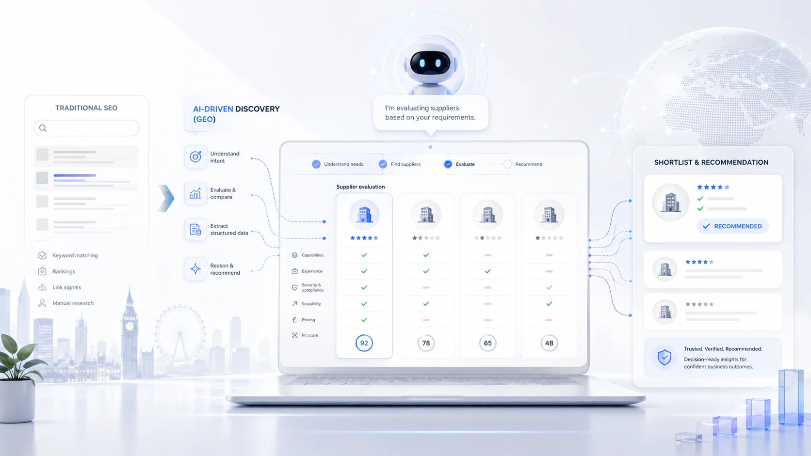 AI agent evaluating and comparing B2B suppliers using structured data, trust signals and business fit