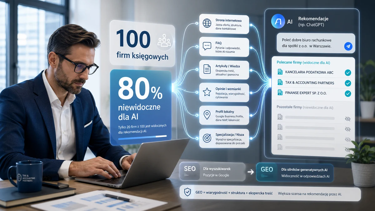 Infografika pokazująca, że 80% analizowanych biur rachunkowych jest niewidocznych w rekomendacjach AI oraz jakie elementy zwiększają widoczność firmy w ChatGPT.