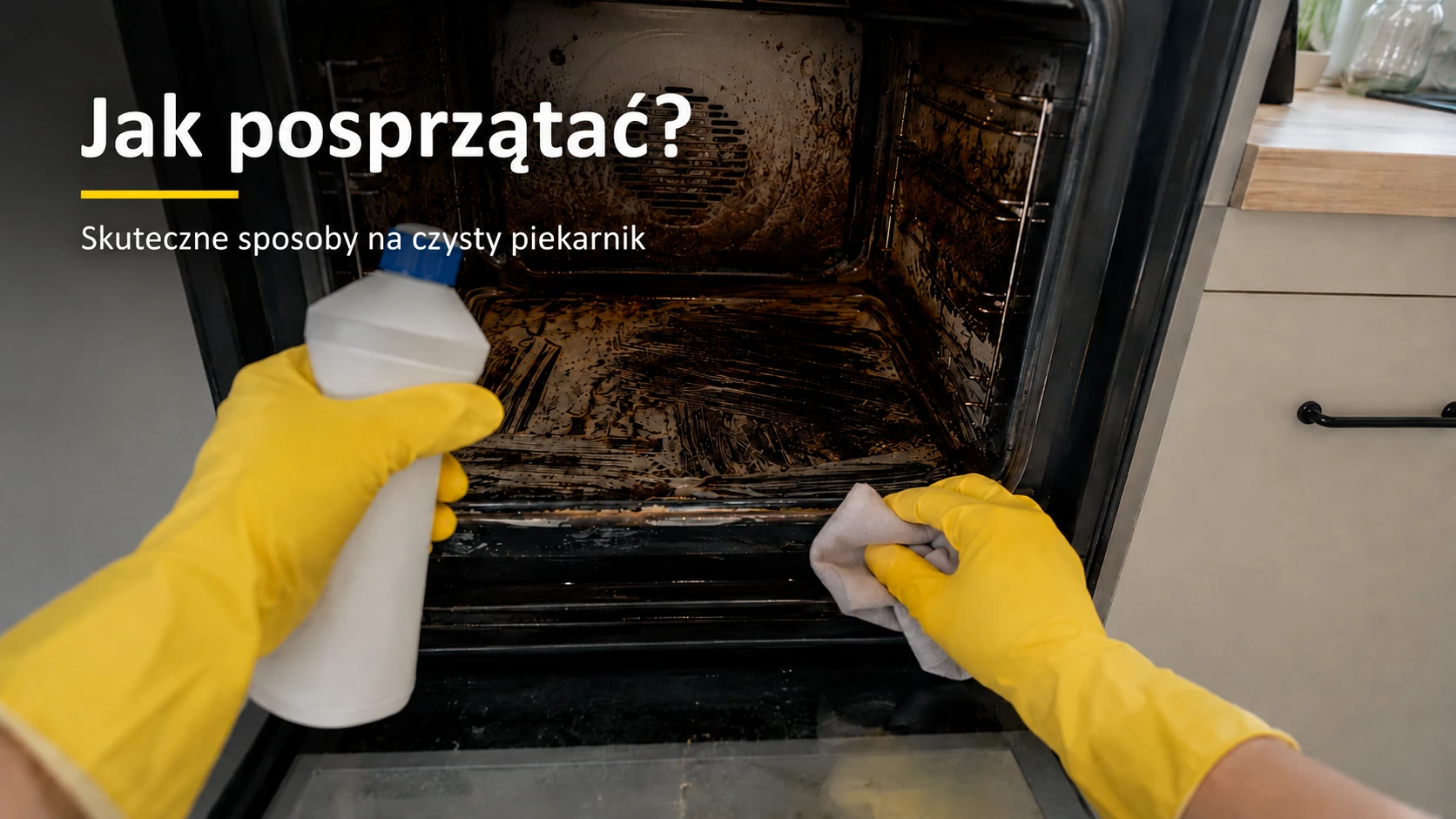 Czyszczenie bardzo brudnego piekarnika z przypalonego tłuszczu z perspektywy pierwszej osoby.