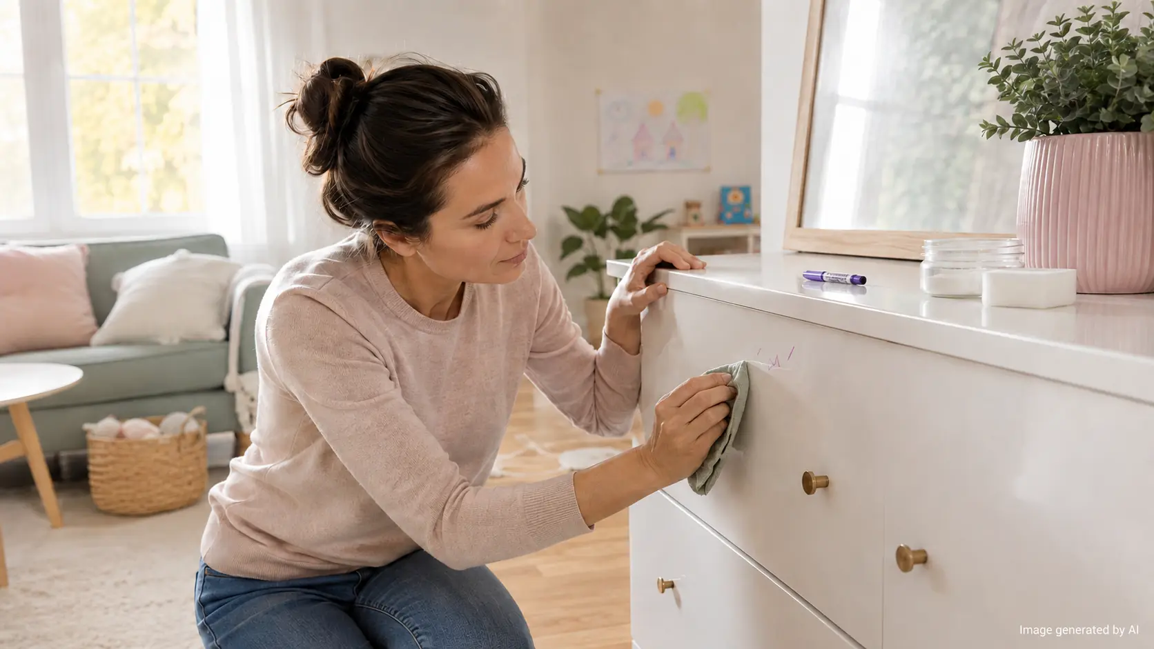 Mother gently cleaning small purple marker marks from a light lacquered chest of drawers in a bright family home.