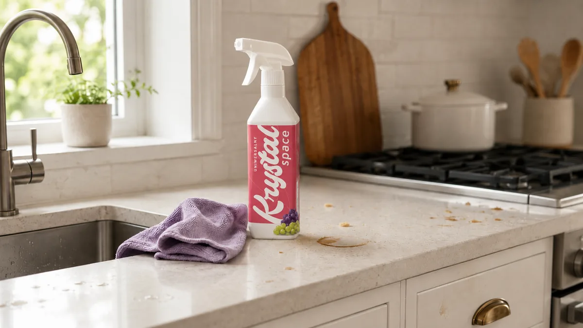 Uniwersalny spray Krystal Space na blacie w jasnej kuchni obok ściereczki, okruchów i delikatnych zabrudzeń po codziennym użytkowaniu.