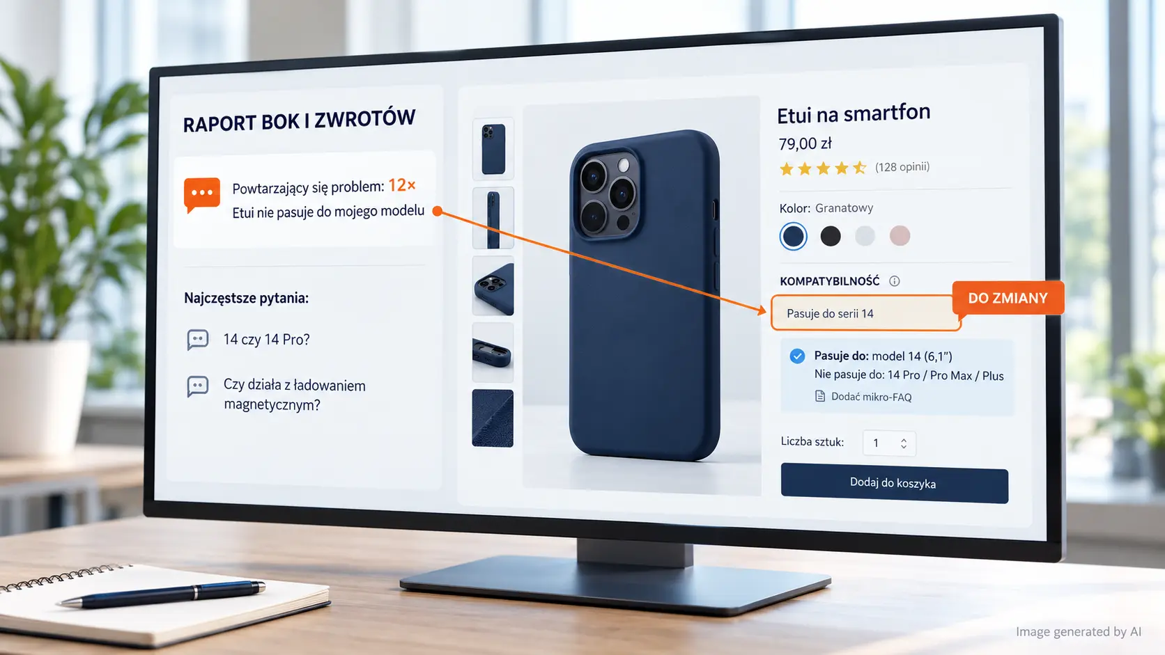 Analiza pytań klientów i zwrotów w e-commerce wskazująca potrzebę poprawy informacji o kompatybilności - przykład etui