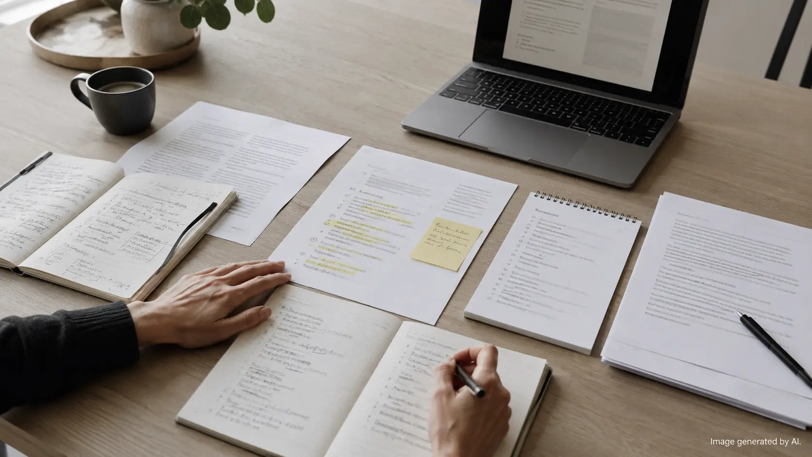 Expert notes, interview transcript and highlighted insights being organised into a structured B2B content plan on a modern desk