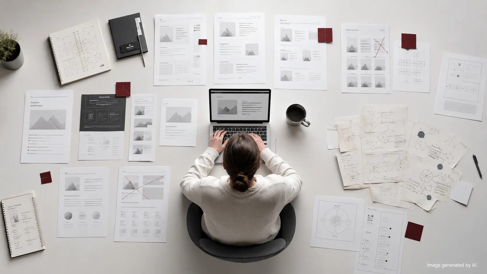 Specjalistka ds. marketingu otoczona szkicami artykułów, case studies i innych treści B2B, ilustrującymi ryzyko masowej produkcji generycznego contentu z użyciem AI