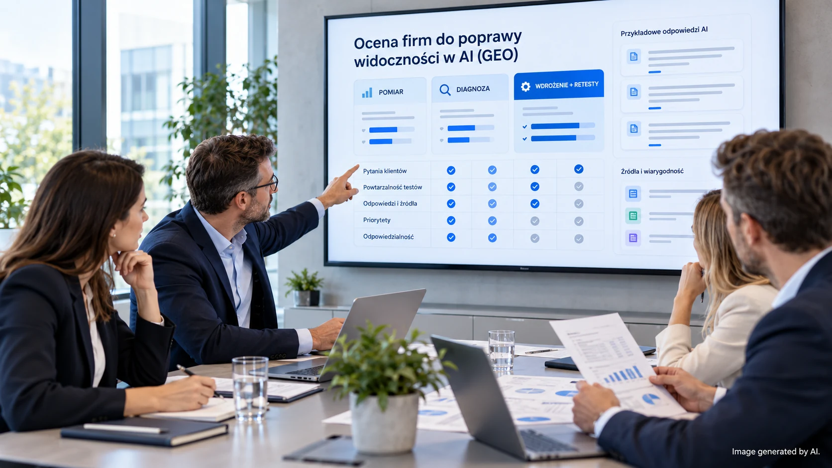 Zespół porównujący oferty firm zajmujących się widocznością w AI i GEO