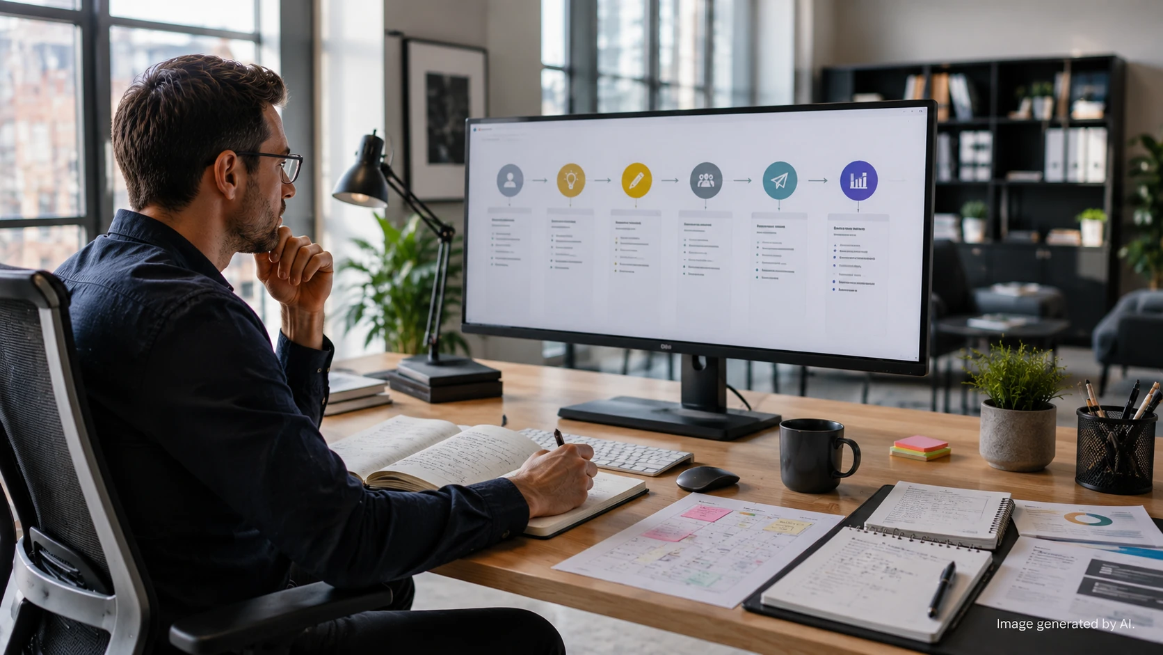 Marketing manager reviewing a repeatable B2B content workflow for organic growth