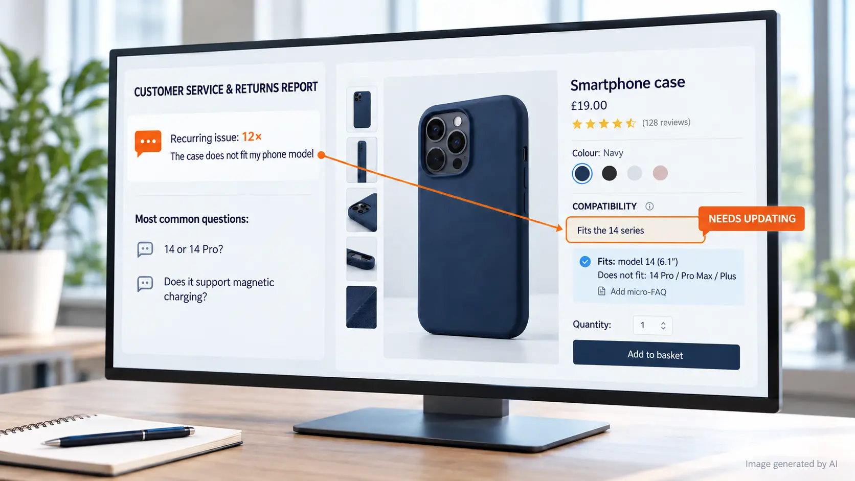 Customer feedback and returns report identifying product compatibility content that needs updating.