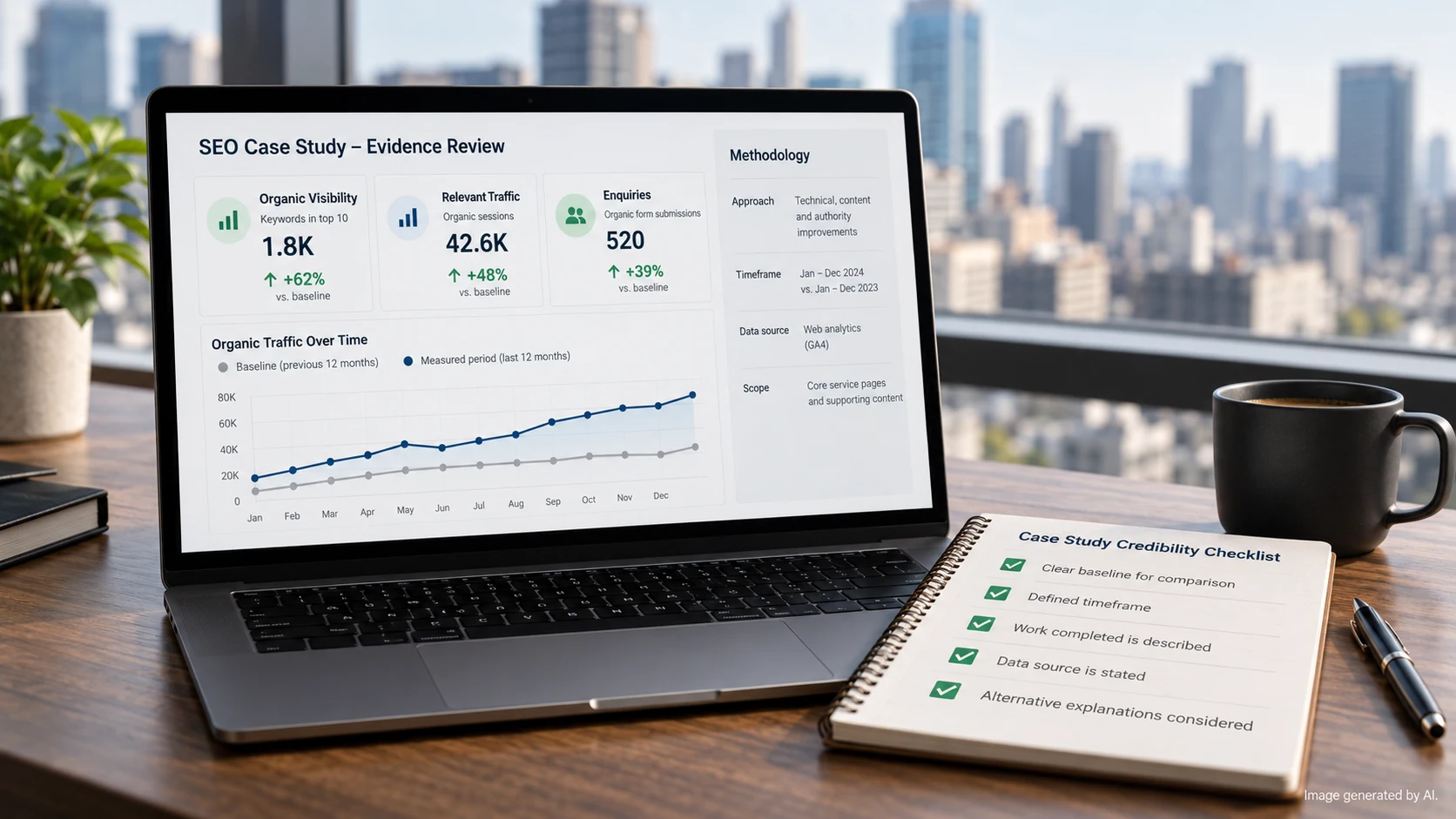 B2B SEO case study dashboard with performance data, methodology and an evidence credibility checklist